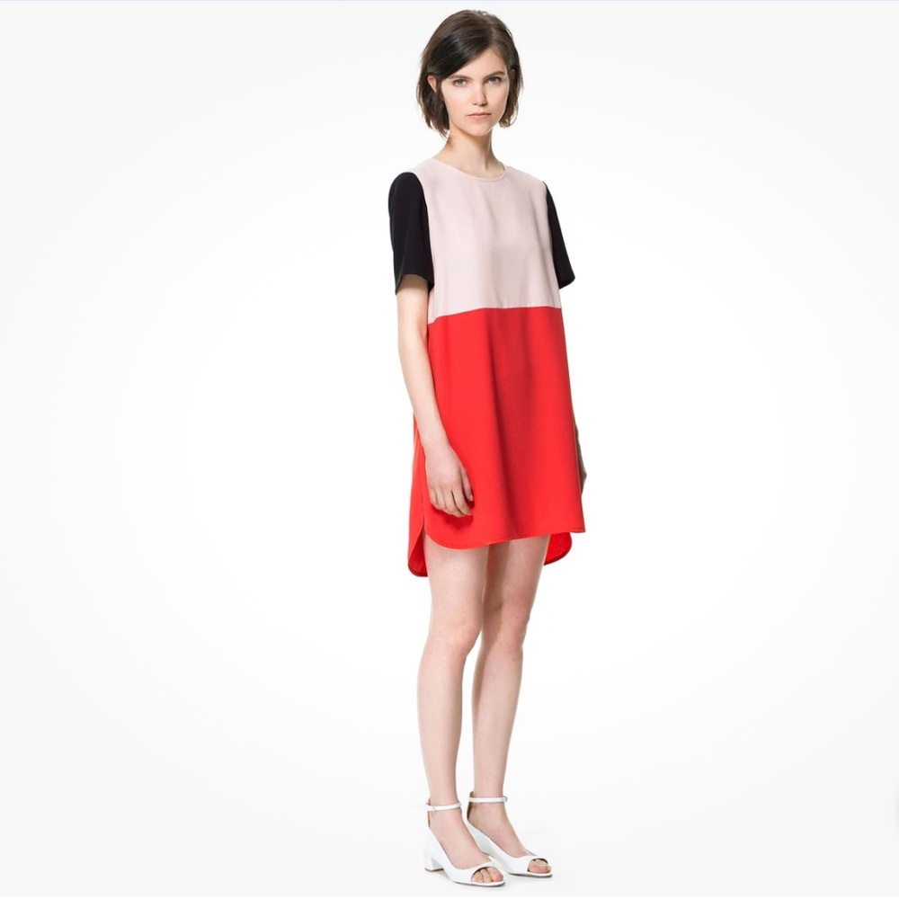 Zara Colorblock Shift Mini Dress Small Blush Pink Red Black Mod Short Sleeve - Picture 12 of 16